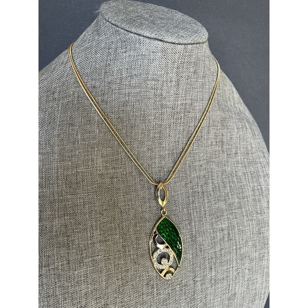 Vintage Pendant Statement Necklace Teardrop Enamel Gold Tone Layered Green Y2K